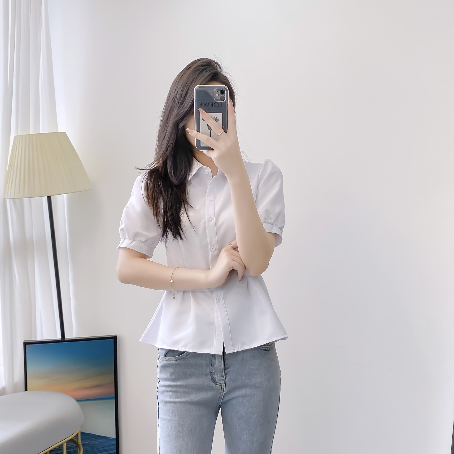 2022 new pattern Spring and autumn payment Self cultivation Versatile white shirt Waist Show thin Belly A small minority Sense of design shirt