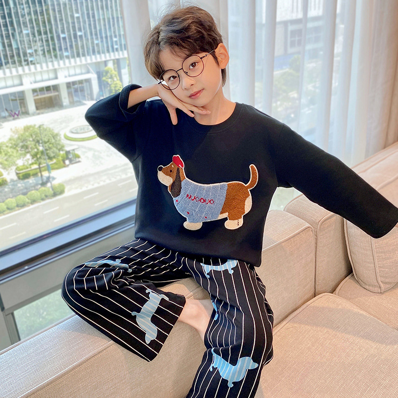 Children's Pajamas 100% Pure Cotton Long-Sleeved Boys' Spring and Autum Medium and Large Kidsren's Cartoon Air-Conditioned Home Clothes Set