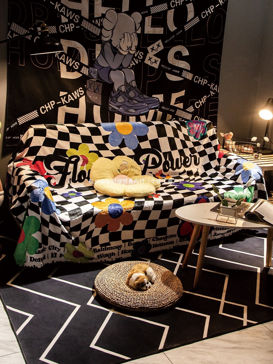 秋冬棋盘格加绒沙发巾扶手盖布创意百搭潮牌加厚毯子坐垫沙发套罩