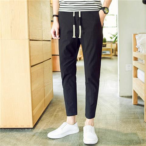 Pantalones cortos casuales pantalones de verano de 9 puntos para hombres, pies pequeños, pantalones de lino rectos coreanos sueltos, pantalones harem para estudiantes de secundaria para hombres