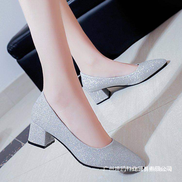Silver Chunky High Heels Women's Dress Party Pointed Toe Single Shoes Mid-Heel 5cm Sequin Sexy Elegant Banquet 5cm