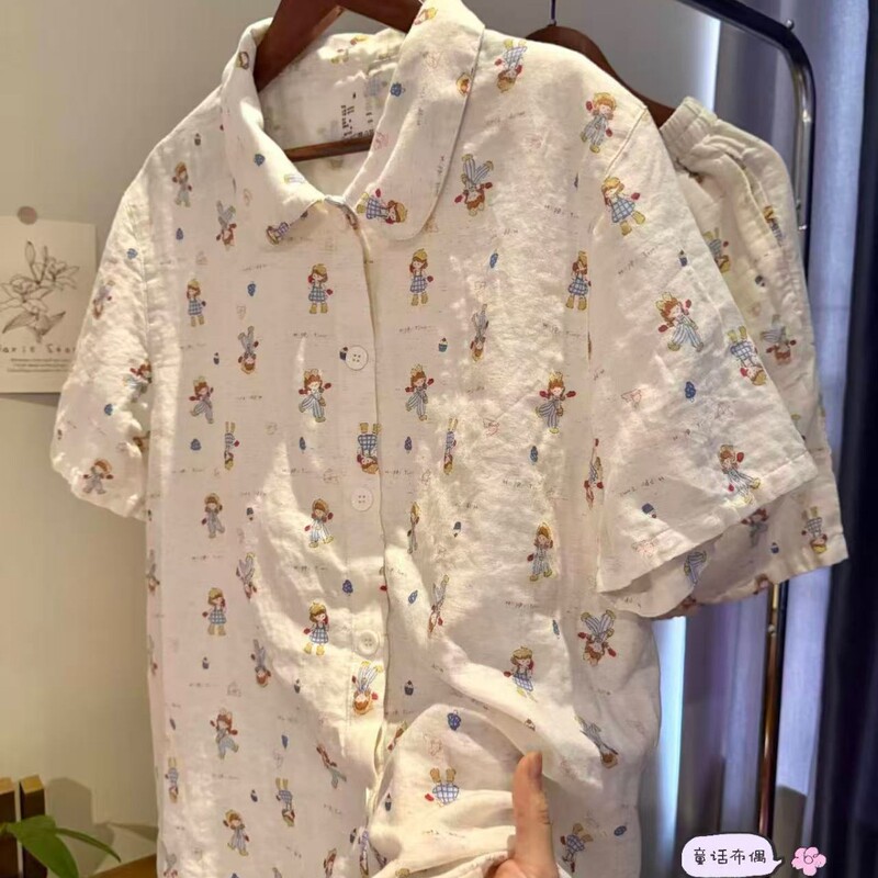 New Summer Style~ Doll Collar Short-Sleeved Shorts, Class a 100% Cotton Double-Layer Gauze Pajamas, Home Wear, Gauze Cartoon Cute New Summer Style~ Doll Collar Short-Sleeved Shorts, Class a 100% Cotton Double-Layer Gauze Pajamas, Home Wear, Gauze Cartoon Cute