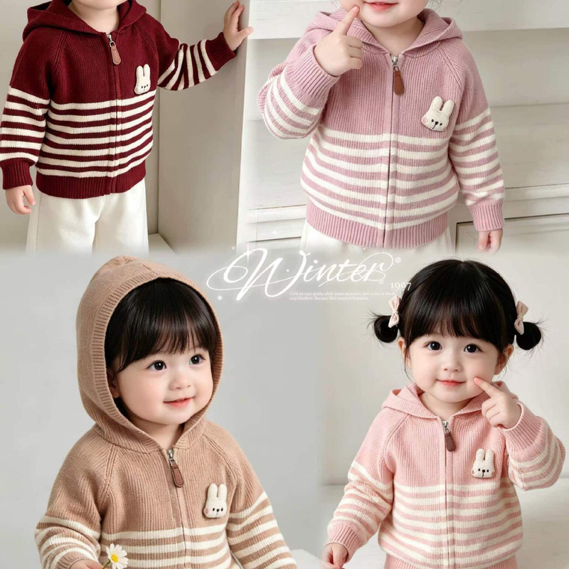 New Baby Girl Children's Clothing Sweater Children's Casual Cartoon White Rabbit Top Hooded Striped Autumn and Winter Cardigan New Baby Girl Children's Clothing Sweater Children's Casual Cartoon White Rabbit Top Hooded Striped Autumn and Winter Cardigan