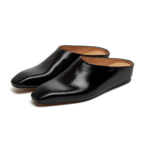 Full leather inside and outside toe-toe Muller slippers for women summer new first-layer cowhide square toe flat-soled outer wear sandals and slippers for women