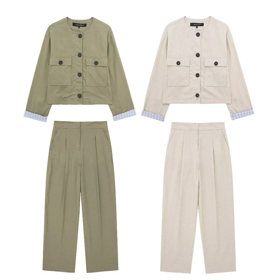 Women's clothing 2024 summer new linen blend short suit jacket straight leg pants set_voghion.com