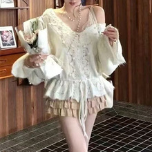 法式V领镂空钩花灰色毛衣女秋冬宽松慵懒风中长款抽绳针织衫上衣