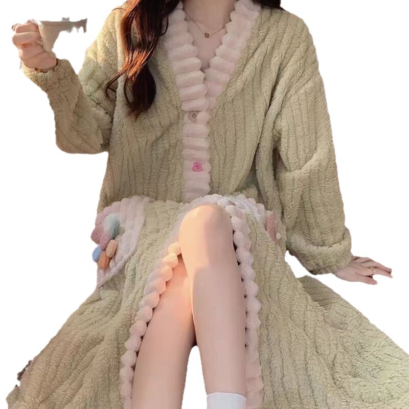 彩虹睡衣套装女秋冬法兰绒加厚保暖睡袍甜美纽扣开衫家居服可外穿|undefined