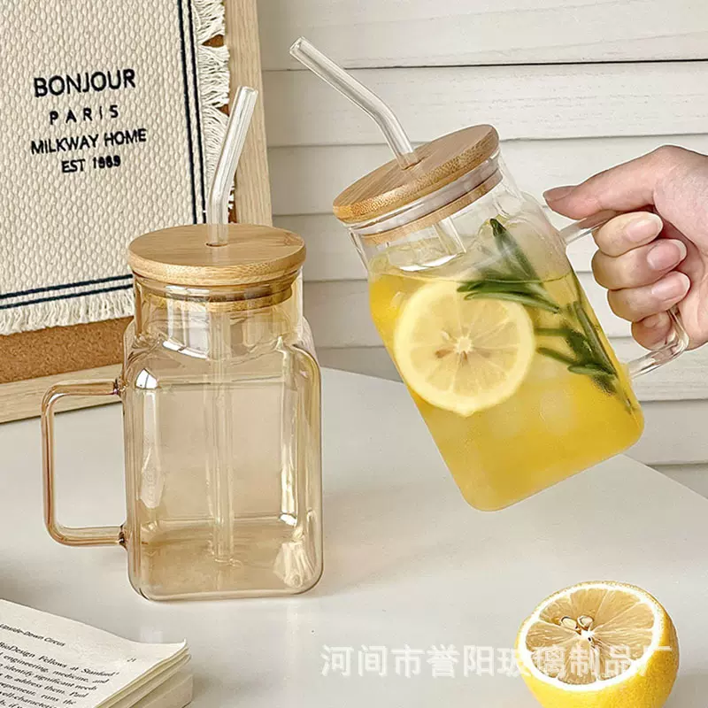 高颜值高硼硅玻璃吸管杯便携带盖方形透明水杯ins风带把手果汁杯