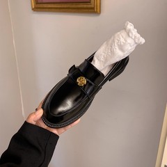 牛皮版~英伦风金币小皮鞋山茶花乐福鞋女真皮懒人一脚蹬黑色单鞋