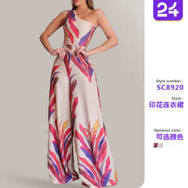 2025跨境新款女装亚马逊时尚单肩印花无袖连衣裙性感修身长裙女春