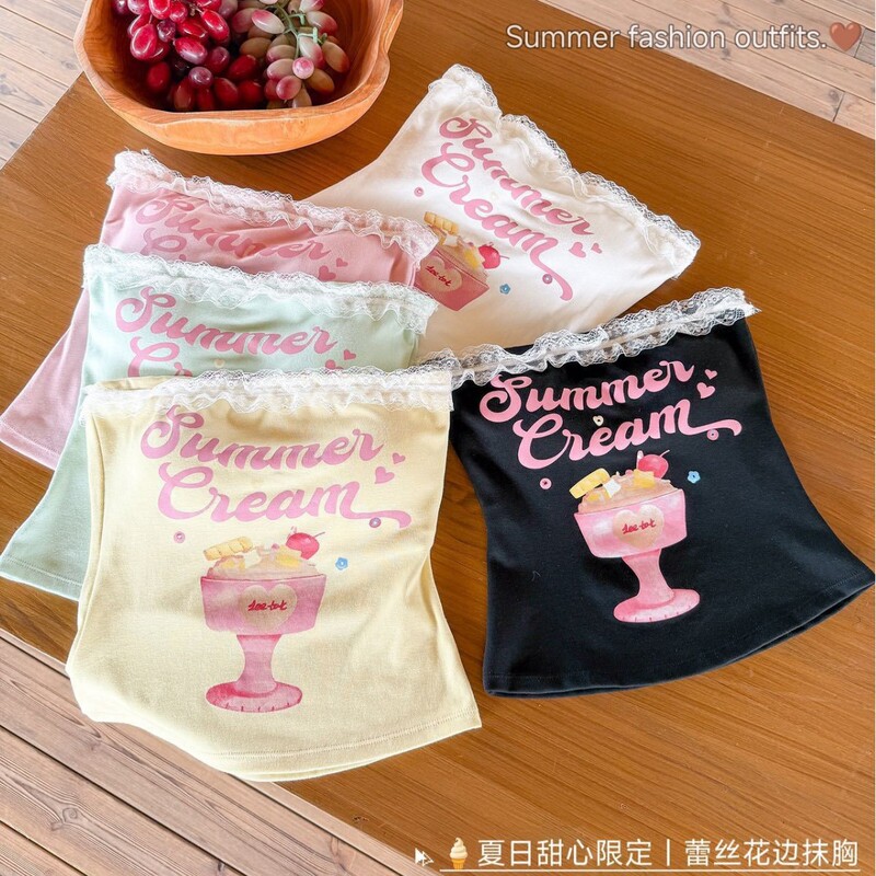 Dopamine Hot Girl Ice Cream Print Lace Trim Strapless Vest with Chest Pads Slim Fit Unique Beautiful Back Top Dopamine Hot Girl Ice Cream Print Lace Trim Strapless Vest with Chest Pads Slim Fit Unique Beautiful Back Top