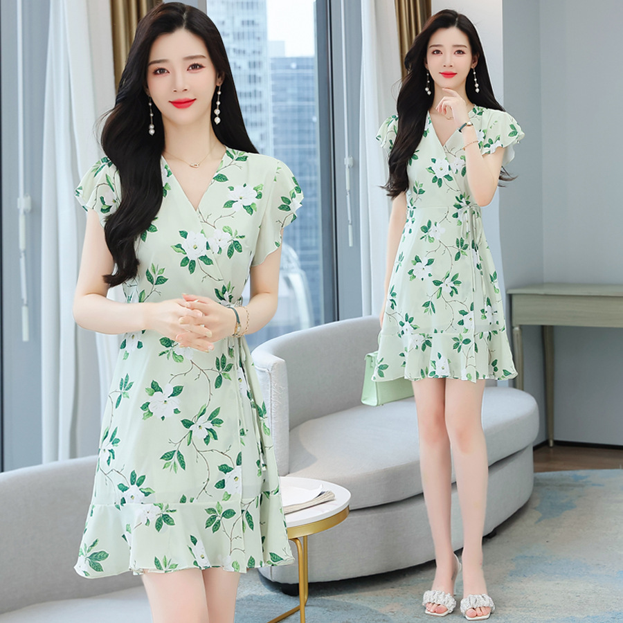 夏装新款韩版短袖一片式印花裙子女收腰飘逸雪纺连衣裙茶歇裙