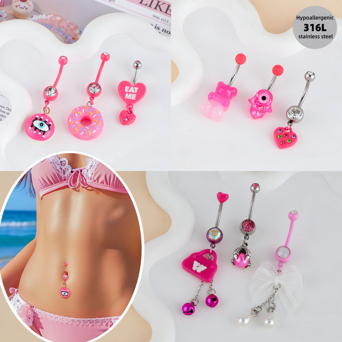 Cute Pink Bear And Evil Eye Belly Button Ring For Women_voghion.com
