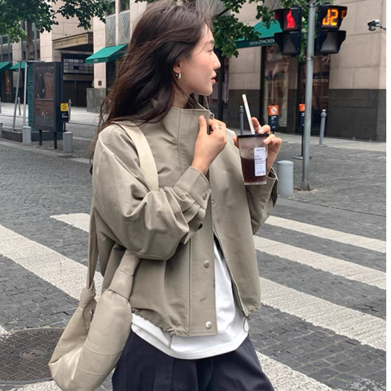 2023 autumn and winter Korean style slim fit all-match cardigan top stand collar short trench coat women's small jacket
