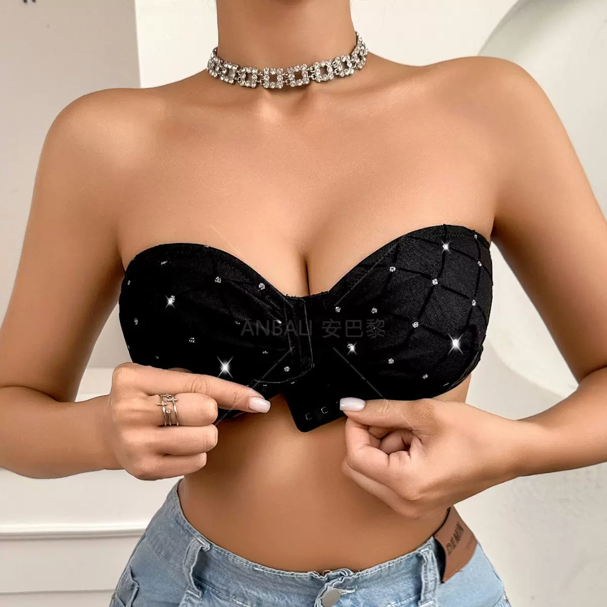 外贸爆款星光网纱前扣式抹胸滴胶防滑带跨境专供前排扣无肩带内衣