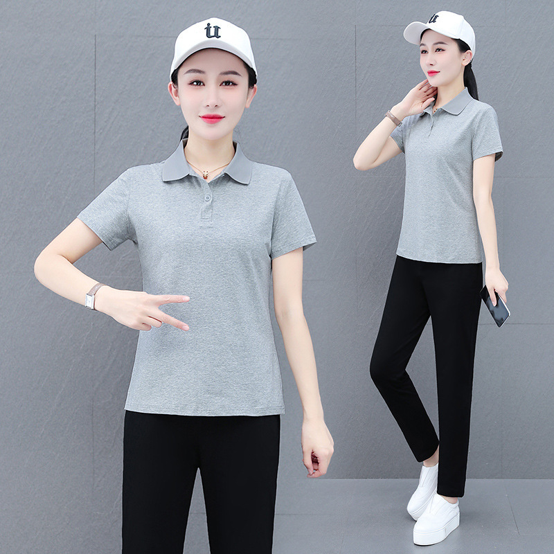 Pure Cotton Stretch Middle-Aged Mother Fashion Casual Sports Suit Women's Summer Short-Sleeved Polo Shirt Commuting to Work Two Pieces