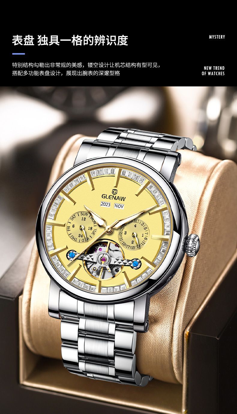 Đồng hồ nam cơ tự động lịch vạn niên chống nước, dây thép không gỉ — 8662 vỏ bạc bề mặt xanh-dải thép bạc, 8662 vỏ bạc bề mặt vàng-thép bạc chi tiết 4