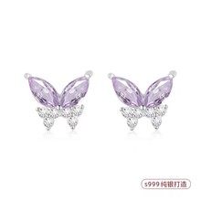 s999纯银紫色锆石耳钉精致简约独特蝴蝶耳环小众高级潮耳饰批发