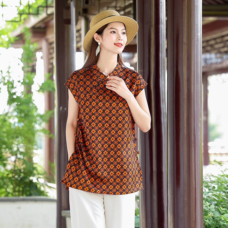 新しい中国風のレトロなボタン付き国民風半袖トップ、母親の服、レトロな薄手のシャツ、義母用のクールなトップ|undefined