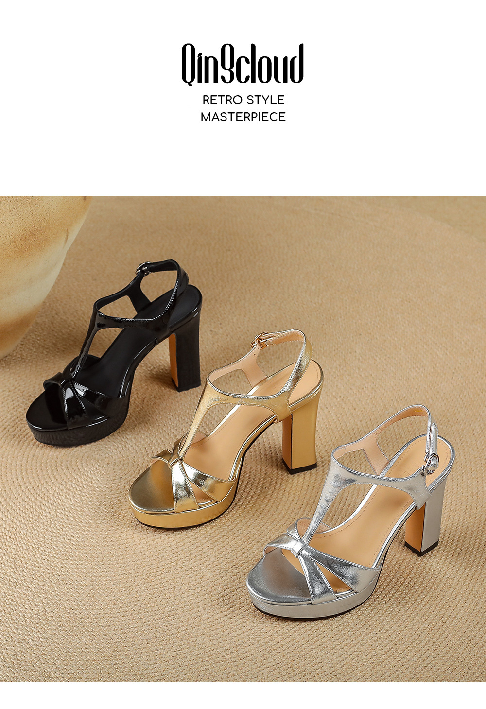 Sandal cao gót nữ quai chéo hở mũi phong cách Pháp, gót vuông 9 cm, đế dày platform — màu đen, màu vàng, bạc chi tiết 13