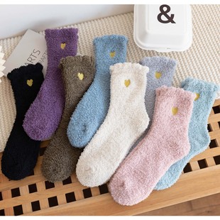 Autumn and winter women's socks coral fleece embroidery love padded warm tube sleep socks floor moon socks Zhuji wholesale