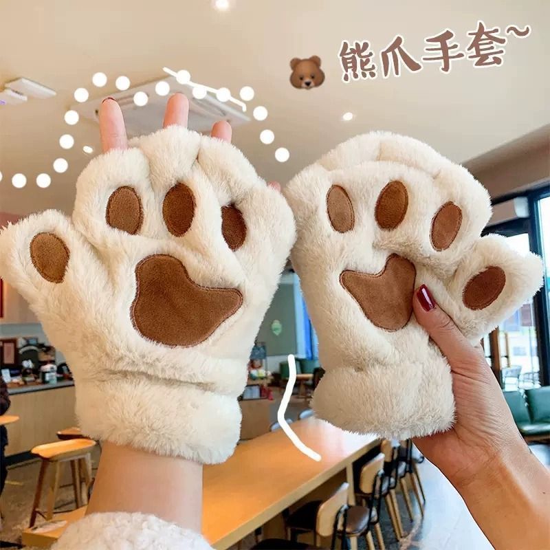 可爱卡通猫爪手套冬季保暖熊爪毛绒手套学生写字防寒半指手套批发|undefined