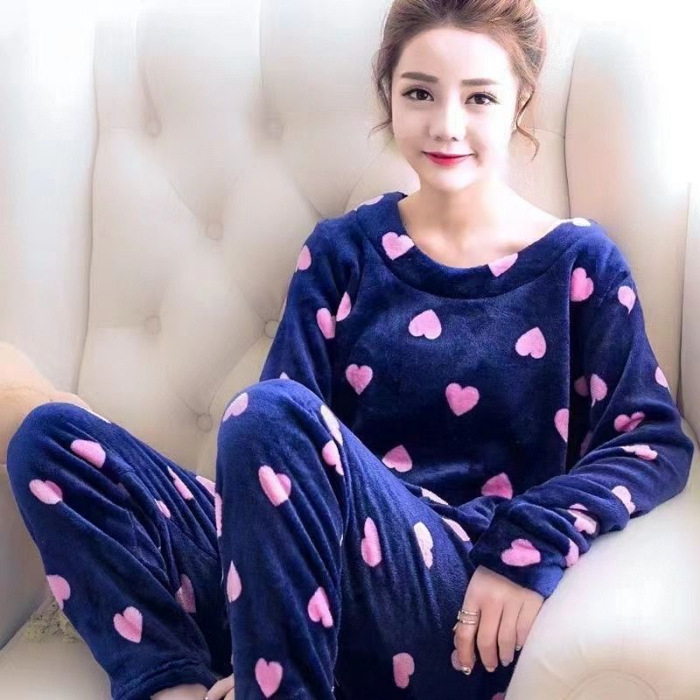 Otoño y invierno pijama de mujer punto pequeño conejo flanel engrosado dulce dibujos animados casuales manga larga cálida coral conjunto de terciopelo