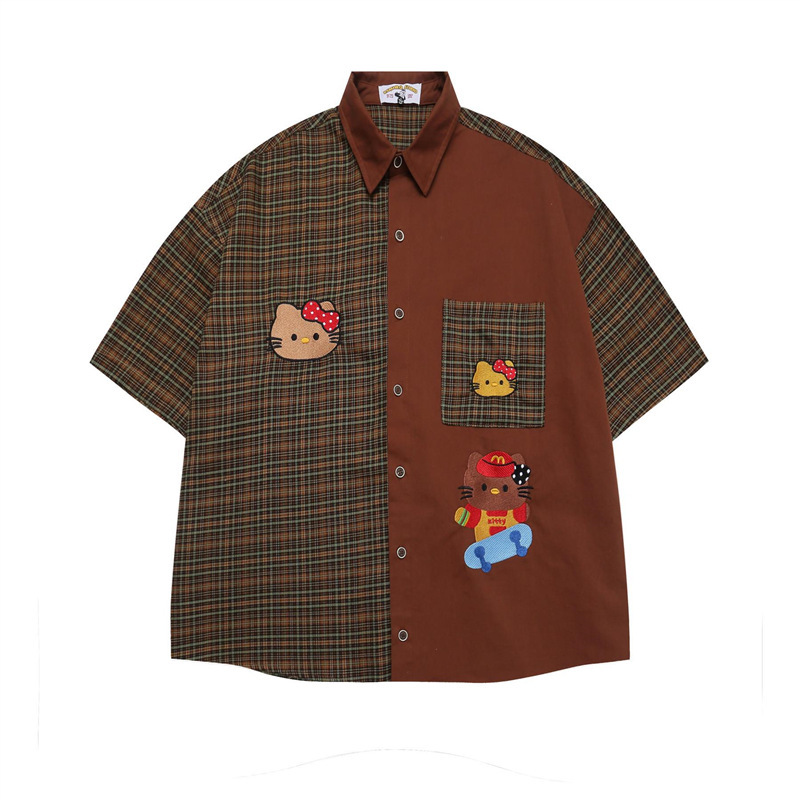 Japanese-Style Trendy Hello Kitty Color-Blocking Embroidered Short-Sleeve Shirt Unisex Versatile Niche Design Couple Loose Shirt