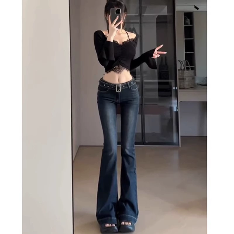 Темно-синяя с низкой талией стройная горячая девушка сладкий ветер микро-рог джинсы женская тонкая и длинная штанов