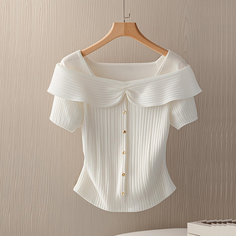 Summer Unique French Style Square Collar Short-sleeved Sweater Women's Design Niche Sweet Spice Girl Slim-fit Short Top