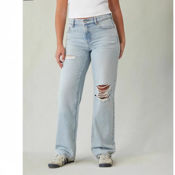 Cross-Border Aliexpress European and American Pacsun Jeans Women's Ripped Washed Light Blue Straight Pants Loose Wide-Leg Pants