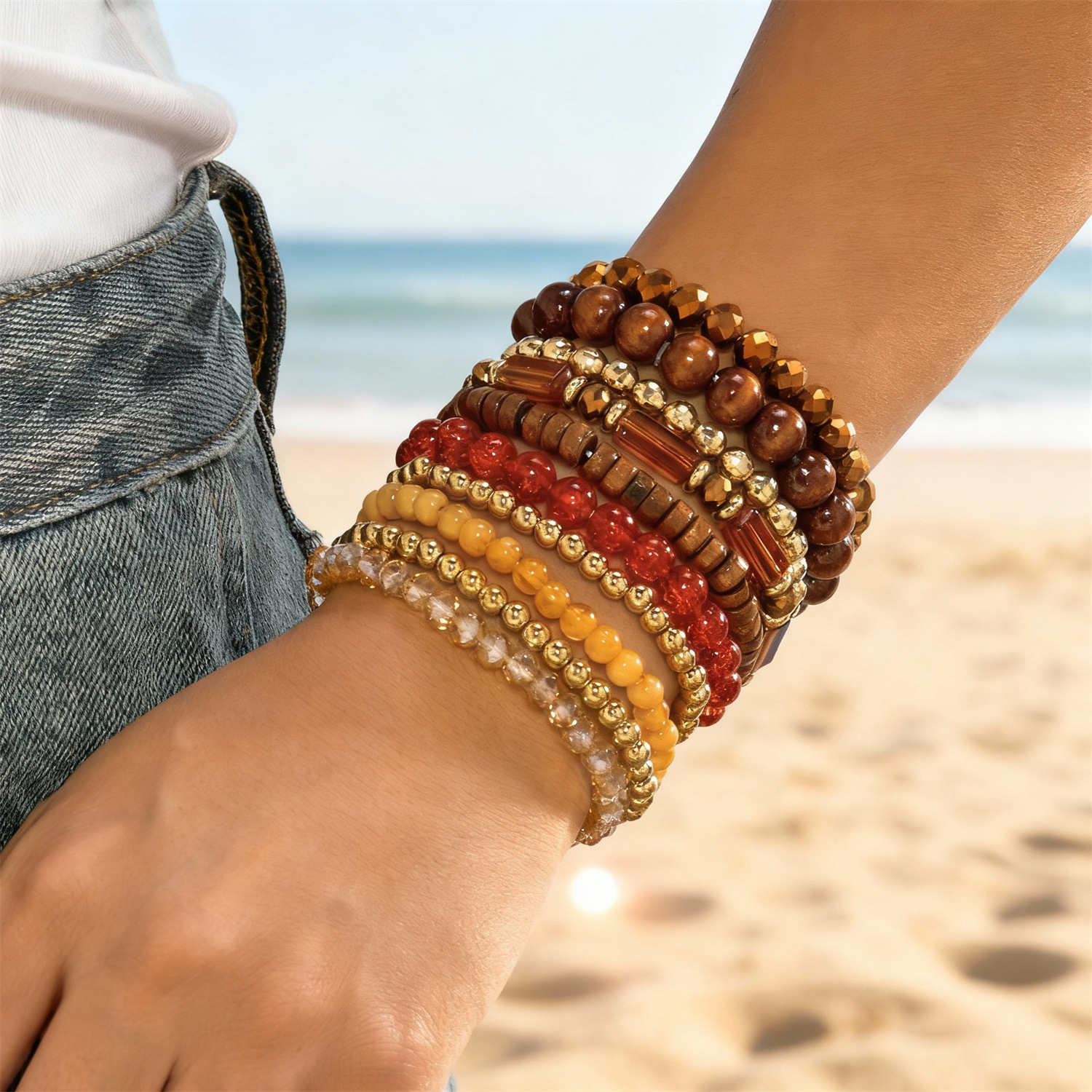 Europa y América de moda bohemia creativa playa multicapa para usar cuentas de vidrio hechas a mano al por mayor pulseras