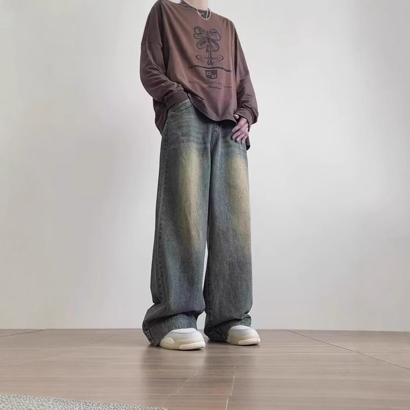 Distressed Vintage Blue Jeans Men's Wide Leg Jeans Men's Oversized Streetwear Fashion Casual Straight-Leg