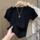 French style square collar curved hem short apricot slim T-shirt women's threaded cotton shoulder short sleeve bottoming pure desire top