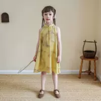 Платье Cheongsam для девочек в китайском стиле, легкое платье в национальном стиле, юбка-пачка без рукавов, элегантная пляжная юбка с воротником на шее для женского отдыха на море