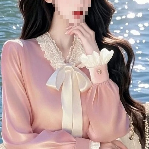 Gentle Pink Satin-Like Ladylike Bow Long-Sleeved Shirt for Women, New Design, Good-Looking Top, Trendy