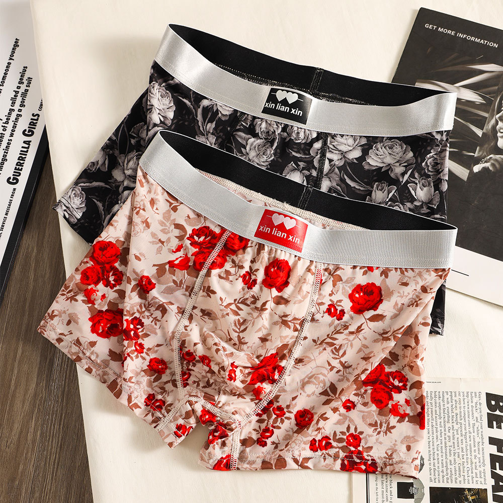 Underwear & Sleepwears Ice Silk Men's Boxer Briefs Mid Waist Trendy Rose Print Comfortable Stylish Unique Men's Underwear_voghion.com