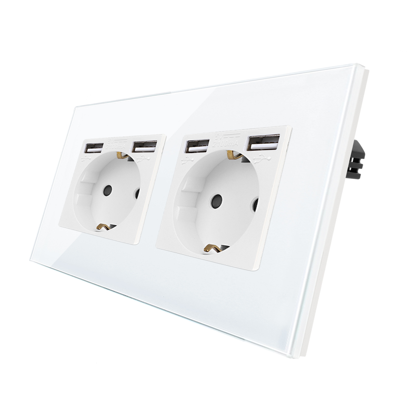 白色两联USB欧式插座德式插座带接地俄罗斯插座