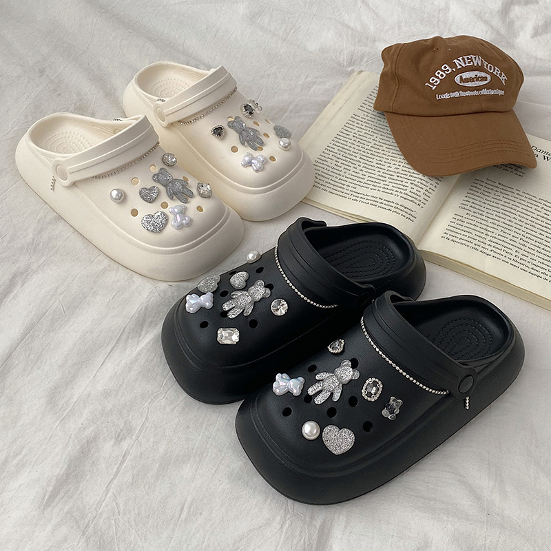 Hot-selling Online Celebrity Black Thick-soled Closed-toe Slippers For Women For Summer Outdoor Wear Style Shit-feeling Non-slip Hole Shoes