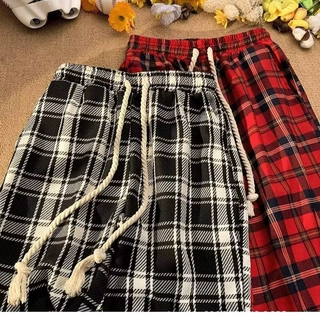 棋盘格复古宽松直筒阔腿裤春秋黑白格纹裤男女美式松紧腰休闲裤