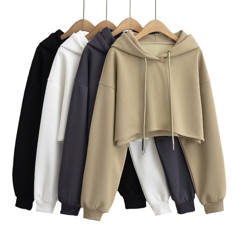 2023 Autumn New American drawstring hooded pullover sweater women's loose waist-exposed design short long sleeve top