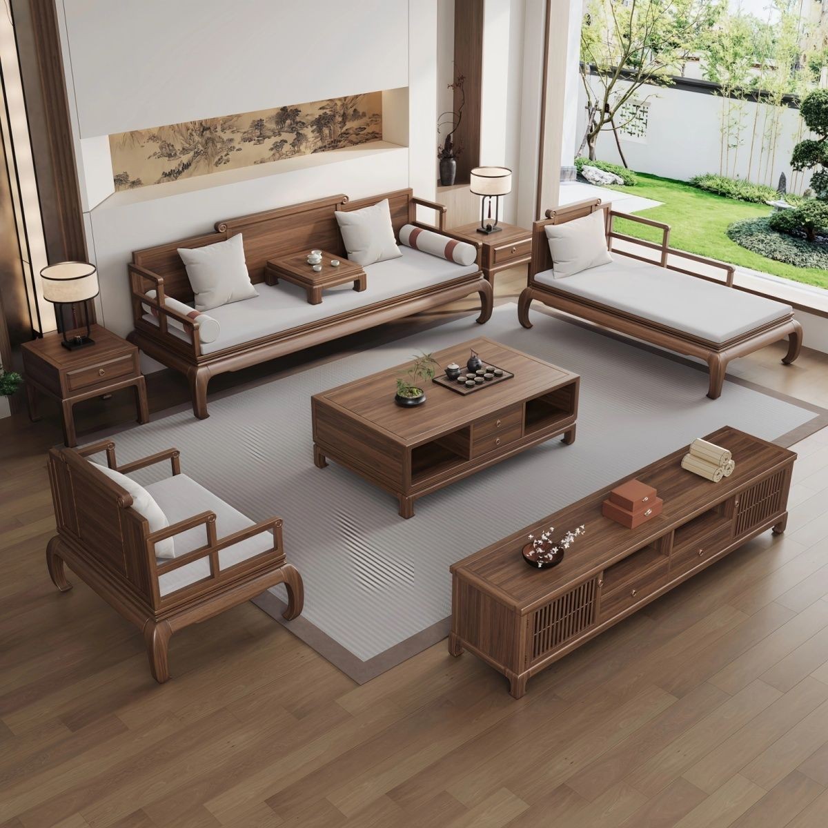 New Chinese Style Solid Wood Sofa Song Style Aesthetic Ash Wood Modern Zen Winter and Summer Dual-Use Hotel Villa Living Room Furniture