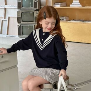 Girls Navy Collar Sweater 2025 Autumn Fashionable Western College Style Pullover Sweater Children's Casual Top Trendy
