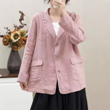 2026早春新款文艺风亚麻宽松明线口袋设计时尚西装领长袖西服外套