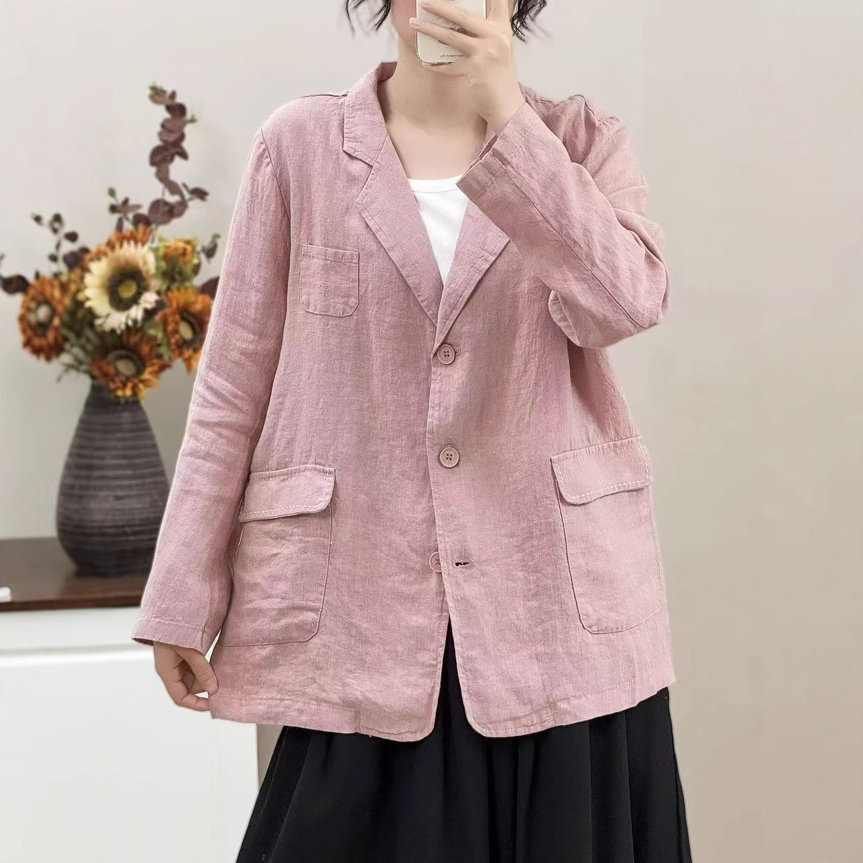 2026早春新款文艺风亚麻宽松明线口袋设计时尚西装领长袖西服外套