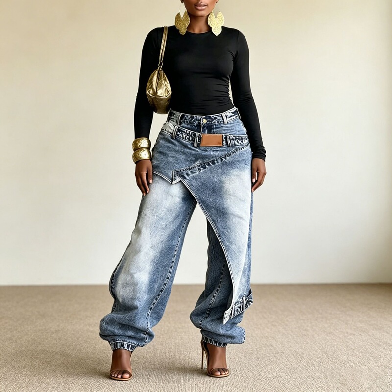 Cross-Border Independent Site Amazon 2026 New Design Layered Washed Denim Pants Trendy Street Style Wide-Leg Pants for Women Cross-Border Independent Site Amazon 2026 New Design Layered Washed Denim Pants Trendy Street Style Wide-Leg Pants for Women