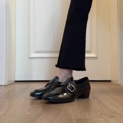 英伦风复古一脚蹬乐福鞋女低跟圆头皮带扣黑色小皮鞋单鞋