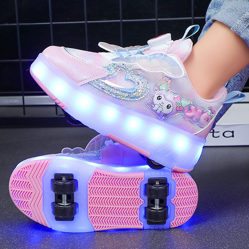 Little Girl's Heelys Shoes, Four-Wheel Luminous Roller Skates, Kidsren's Sports Shoes, Eight-Wheel Skates, Girls' Cartoon Wheel Shoes