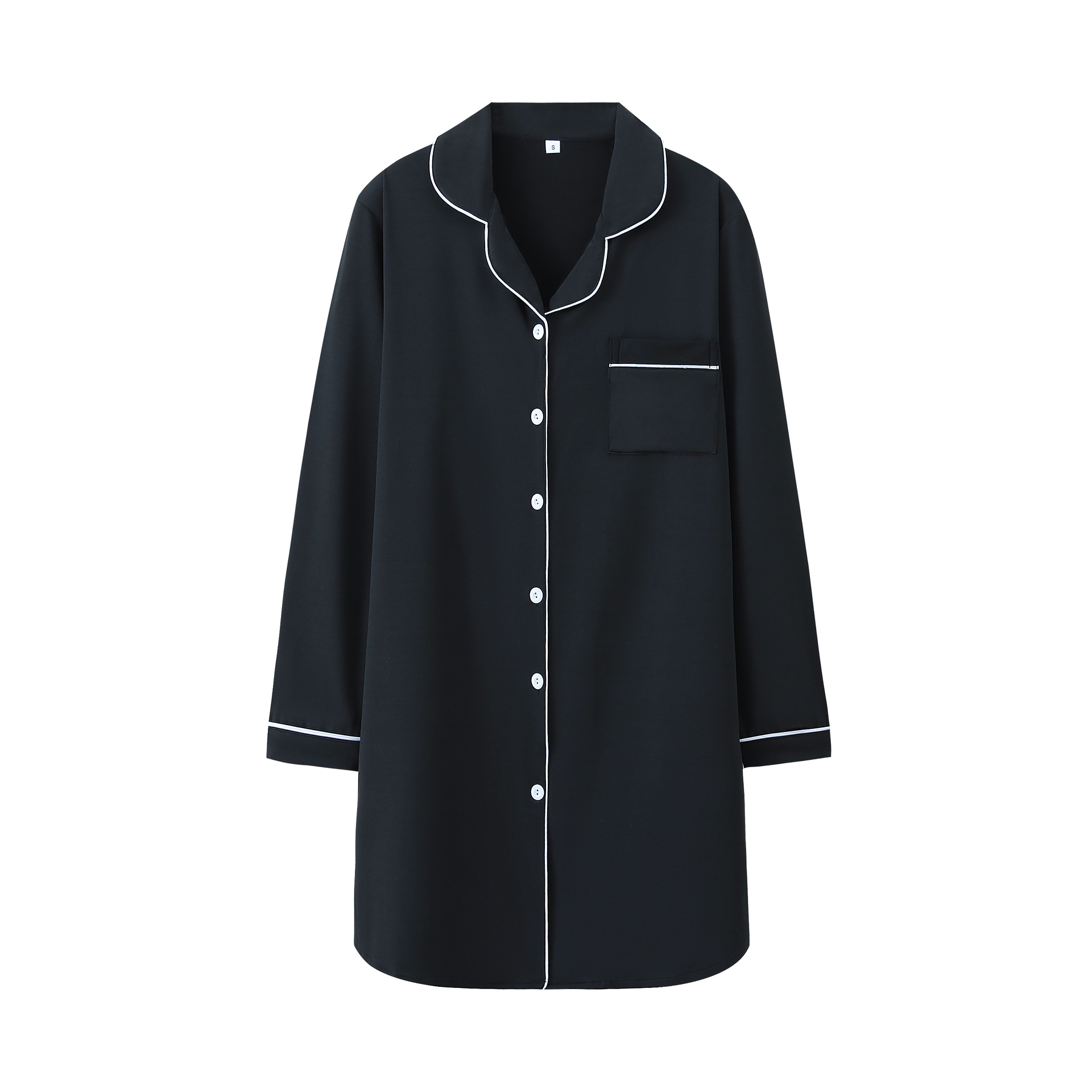 Unterwäsche & Nachtwäsche: Damen-Nachthemd aus Milchseide, schwarz, langärmelig, für formelle und legere Anlässe_voghion.com