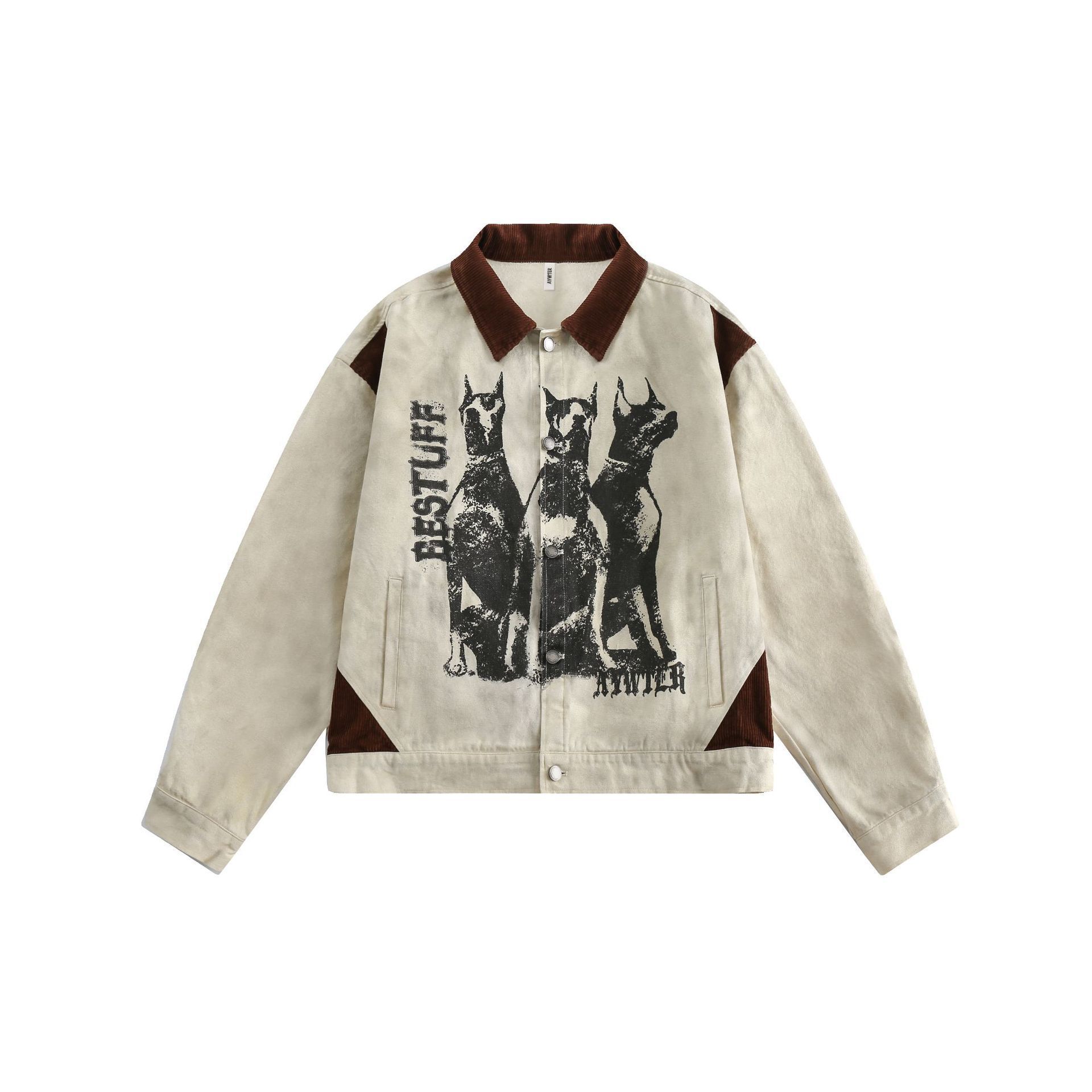 American Retro Washed Distressed Detroit Jacket for Men and Women in Spring and Autum New Loose Graffiti Splicing Lapel Jacket